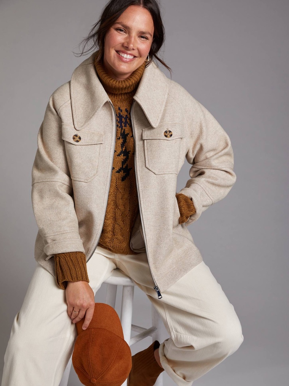 Avec Les Filles Cream Cozy Zip-Front Shirt Jacket | Anthropologie | Style 81077